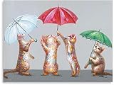 Wandbilder Kitty Leinwand Wandkunst Süße Kitty Familie Tanzen mit buntem Regenschirm Lustiges Tier Wanddekor Katzenbild für Mädchen Schlafzimmer Badezimmer 30x40cm / 11,8'x15,7' Rahmenlos 4
