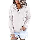 GOKOMO Damen Einfarbig Sweatshirts Mit Kapuze Herbst und Winter Pullover Hoodies Tops Langarm Taschen Warme Gemütlich Hoodies(M,Weiß)