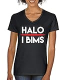 Comedy Shirts - Halo I Bims - Damen V-Neck T-Shirt - Schwarz/Weiss-Rot Gr. M