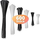 djb, extra hochwertige Profi Kabelbinder, schwarz/weiss-natur, Set, 600 Stück, Industrie-Qualität, Sortiment 80/100/130/160/200/300