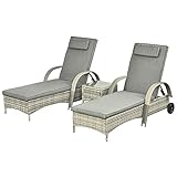 Outsunny Sonnenliege Gartenliege Tisch 3er-Set Gartenmöbel, Polyrattan+Metall G