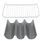ICQN Baguette Backform mit Gitter Set, 38.5 x 27 x 4 cm Bagettebackblech für 3 Mulden, Mit Antihaftbeschichtung, Baguette Backblech, 44.5 x 34 cm Back