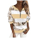 MRULIC Damen Pullover Langarmshirt Gestreifter Blumendruck Stitching Zip Langarmbluse Sweatshirt Frauen LäSsiges Loses T-Shirt Top FrüHling Oberteile Blusen(Gelb,3XL)