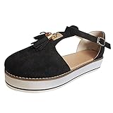 Fishoney Damen-Sandalen, lässige Slipper-Sandalen mit Quaste, einfarbig, runde Zehe, dicke flache Schnalle, atmungsaktiv, leicht, Schwarz , 39.5 EU