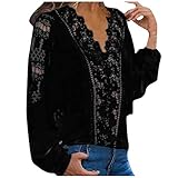 Lazzboy Store Langarmshirt Damen Solid Lace Patchwork V-Ausschnitt Frauen Langarm Bluse Sexy Oberteil Damen Langarmshirt Herbst Choker T-Shirt Spitze Tops(Schwarz,S)