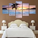 Wanddekoration 5 Bilder Vlies Leinwand 5 Teilig Bilder Wandbild HD Drucke Painting Sonnenuntergang Sonnenaufgang mit tropischer Palme Poster Moderne Wandbilder Wohnzimmer Wanddekoration Desig