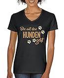 Comedy Shirts - Die mit den Hunden geht - Damen V-Neck T-Shirt - Schwarz/Hellbraun-Beige Gr. L