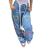 WanWorlder Damen Y2K Style Jeans, Frauen Wide Leg Heart Print Jeans, High Waist Pockets Straight Hosen Loose Vintage Hose, Streetwear Jeans, Flare D