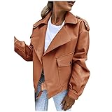 Dantazz Lederjacke Damen Kurz Winterjacke Revers Kunstleder Jacke mit Tasche Mode Lederjacke Casual Lederbluse Jacke mit Knopf Gürtel Motorradjacke Herbst Winter Frauen Ledermantel (Khaki, XXL)