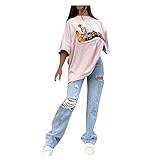 PMDKLSPQ Damen Einfarbig Hohe Taille Zerrissene Destroyed Jeans Baggy Boyfriend Stil Jeanshosen mit Weites Bein Lose Denim Hose mit Geradem Bein Risse Ripped J