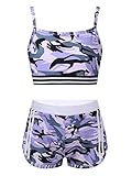 TiaoBug Mädchen Bikini Tankini Set Bustier Top und Sport Shorts Hot Pants Set Sommer Badeanzug Ballett Tanz Bekleidung mit Allover Druck Camouflage Violett 146-152