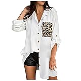 TDTYK Bluse Damen Langarm Revers Blusen Lang Hemdjacke Gemütlich Damen Hemd Bluse Jacke Damen Brusttasche Shacket Jacket Button Down Freizeitjacke mit Leopardentasche B