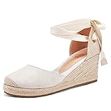 Ruanyu Damen Plateau Espadrille Sandalen Schnürschuhe Geschlossene Zehen Sommer Keilsandalen, 1 - Beige (Veloursleder), 41 EU