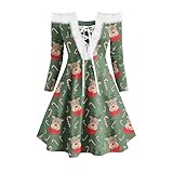 Vintage Elegante Kleider Cocktailkleid A-Linie Langarm V-Ausschnitt Damen Weihnachtskleid Santa's Print Weihnachtskleid Damen Eleg
