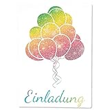 15 x Einladungskarten Kindergeburtstag Ballon Glitzer - Größe A6 - Coole Einladung zum Geburtstag für Mädchen und Jungen - Witzige Kinder Einladungskarte - Luftb