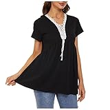 2022 Sommer Elegant Sexy Corset Basic Shirt Tunika Oversize Bluse Teenager V Ausschnitt Spitze Damen Schnürung mit V Ausschnitt und kurzen Ärmeln lose A Linie Big Swing T Shirt Oberteile BK,L