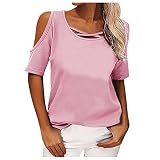 SSLLH Damen T-Shirt Sommer Kurzarm Einfarbig Oberteile Criss Cross Rundhalsausschnitt Bluse Tops Sexy Schulterfrei Tunika für Frauen Casual Regular Fit Tee Teenager Mädchen Crew Neck