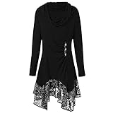 Eaylis Damen Fasion Spitze Patchwork Knopf Stehkragen Langarm Unregelmäßiges Minikleid,Abendkleid Kleid Punk+Gothic Kleidung Damen Kleider Gothic Bekleidung Festliche Kleider Glitzer Partyk