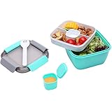 1.1 Liter Salatbehälter mit Getrenntem Dressingtöpfe und Besteck, Auslaufsichere Salatschüssel To Go mit 2 Fächern für Salattoppings und Snacks, Grün Salatbox Wiederverwendb