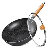 Wokpfanne 30 cm Induktion, Antihaft-Rührpfanne mit Deckel, 100% PFOA-freie Whitford-Beschichtung, Kochtopf mit abnehmbarem Holzgriff, schw