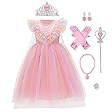 Mädchen Eiskönigin Prinzessin Elsa Kleid Schneekönigin Kostüm Schneeflocke Tüllkleid Umhang mit Zubehör Weihnachten Halloween Verkleidung Fasching Karneval Cosplay Geburtstag Partykleid Rosa 4-5 J