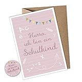 BUTTON SET + POSTKARTE ABC Schule Schulanfang HURRA ICH BIN EIN SCHULKIND ROSA GIRLANDE • Geschenk für Schlaufüchse Schultüte Mitgebsel Mitbringsel • Ø32mm Nadelbutton Pin Ansteck