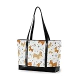 Große Laptop-Tragetasche für Damen – Muster Cartoon-Hunderasse Corgi Knochen Canvas Schultertasche für 39,6 cm (15,6 Zoll) Computer Laptop Taschen für Arbeit Schule Reisen W