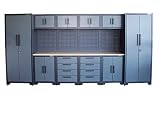Profi Werkstatteinrichtung Set mit Schubladen 16-tlg ca. 395 x 50 x 200 cm, Werkbank, Werkzeugschrank, Werkzeugwagen - Modulares Set - Werkbank mit Holzarbeitsplatte inkl. Rückwand 8680SET