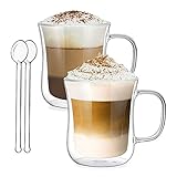 Doppelwandige Gläser 2er Set - 250ml Kaffeeglas Trinkgläser - Thermoglas mit Henkel für Latte, Espresso, Cappuccino, Milch, Tee, Saft, Eis - Freie 2er Set Glaslö