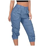 DeaAmyGline 3/4 Hose Damen Cargohose mit Tasche Einfarbig Haremshose Sommerhose Caprihose Freizeithose Paperbag Hosen Pumphose Stoffhose Arb