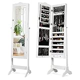 GOPLUS Schmuckschrank mit automatischer LED-Beleuchtung, abschleißbares Schmuckregal, mit Neigungsverstellbarem Spiegel, Viele Staummöglichkeit, stabil und einfache Montage, Geschenkidee (Weiß)