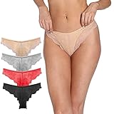 Wironoat Sexy Strings für Damen, tiefsitzend, durchsichtig, Spitze, Rüschen, G-String, Hipster, Übergröße, 4 Stück, Schwarz + Grau + Hautfarben + Rot, X-Larg