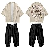 CHUIKUAJ Kimono Cardigan Haremshose Set Männer Frauen 3/4 Ärmel Jacke - Chinesischer Retro Print Tang Anzug Harajuku Plus Size Streetwear,Khaki-5XL
