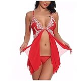 Geilisungren Damen Spitze Negligee V-Ausschnitt Babydoll Unregelmäßiger Hem Lingerie Vorne Offen Nachtwäsche Dessous S