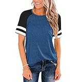 Shuyun T-Shirts für Damen, Rundhalsausschnitt, gestreifte Ärmel, Sommer-Tops, lässig, lockeres T-Shirt, blau, XXL