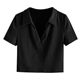 TYTUOO Geripptes Kurzarm-Shirt, kurzärmelig, modisch, einfarbig, bequem, leicht, lässig, Tunika, Freizeit-T-Shirt für Frauen und Mädchen, Schwarz , X-Larg