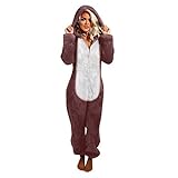 MJGkhiy Jumpsuit Damen Weihnachten Warmer Einteiliger Damenpyjama Schöner Damenpyjama Lose Beiläufig Einfarbiger Overall mit Kapuze Flauschiger Damenpyjama Bequemer O