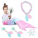 Kinder Meerjungfrau Decke, Meerjungfrau Geburtstag Deko Armband Ring Ohrclip, Schlafzimmer Wohnzimmer Sofa Farbverlauf Warme Decke Mädchen Schlafsack für Weihnachts Geburtstagsgeschenk