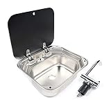 Outdoor Waschbecken Wasserhahn Combo, Küche Waschbecken Waschbecken Home Edelstahl Silber Waschbecken mit Deckel Glas und Kalt- und Warmwasserhahn für Boot Caravan RV Camper Waschbeck