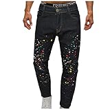 Aena Ray Herren Lässige Slim-Fit Jeans mit Graffiti bedrucktem Mid-Rise Geradem Bein Denim Freizeithose Jeanshose (Schwarz, M)