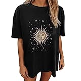 Tshirt Damen Vintage Kurzarm Sommer Oberteile Sportshirt Oversized Bluse Tops Lose Rundhals Basic Shirt Sweatshirt Skelett Sonne Mond Motiv Tunika Lustig Streetwear Teenager M