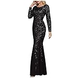 Frauen Slim Pailletten Mesh Meerjungfrau Party Rundhals Abendkleid Langarm Cocktail Formal Kleid Ballkleid Paty Kleid, Schwarz , M