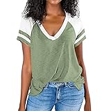 Sommer Raglanärmel Kurzärmelig Gestreift Damen Lose Kontrastfarbe T-Shirt_XXL