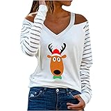 Masrin Trendige Oberteile Damen Elegante modische schulterfreie Bluse mit Aushöhlen Weihnachtspullover mit Elchdruck Herbst Langarmshirts Gestreifte Patchwork Tunika Locker Tee Top