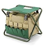 Raiysin Klapphocker Faltbare Hocker mit Stauraum | Tragbare Gartenhocker für Gartenarbeit | Sitzhocker Metall für Garten, Camping, Picknick, Wandern, Grillen, Reisen | 38 x 35 x 28 cm, Grün + Khak