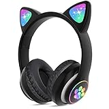 Kinderkopfhörer Bluetooth, Mädchen Katzenohr Kopfhörer Over-Ear mit LED-licht Faltbare Stereo Kopfhörer Kabellose, Kopfhörer Kinder mit Mikrofon, Micro SD/TF, für Handy/Tablet/PC (Schwarz)