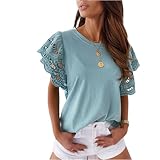 DOMBX Damen Bluse Sommer Fledermausärmel Aushöhlen Spitze Kurzarm Rüschen Crop Tops Lockere Passform T-Shirt Frauen Einfarbig Lässig Mode Niedlich Rundhals Elegante Kompfort Hemden Shirts Ob