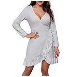 SSLLM Minikleid Damen Tiefer V-Ausschnitt Sexy Partykleid Paillettenkleid Langarm Elegant Rüschen Cocktailkleid Abendkleid mit Gürtel für Frauen Herbst Winter Mode Ballkleid Wickelkleid Etuik