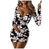 GFGHH Damen Partykleider Cocktailkleid Elegant Sexy Bodycon Ruched Wickelkleid V-Ausschnitt Blumendruck Langarm Minikleid Abendkleider, Cocktail Kleider, Summer Mode Kleid Festlich Weihnachtsk