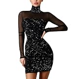 AIchenYW Damen Bodycon Kleider Glitzer Abendkleider Rollkragen Figurbetontes Partykleid Sexy Mesh Paillettenkleid Knielang Langärmeliges Enganliegendes Partykleid Herbst B